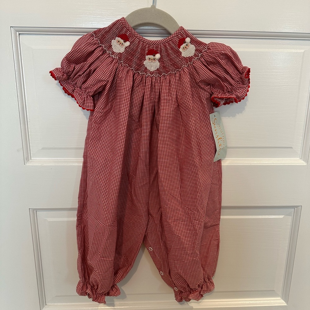 NWT Red Gingham Santa Smocked Romper